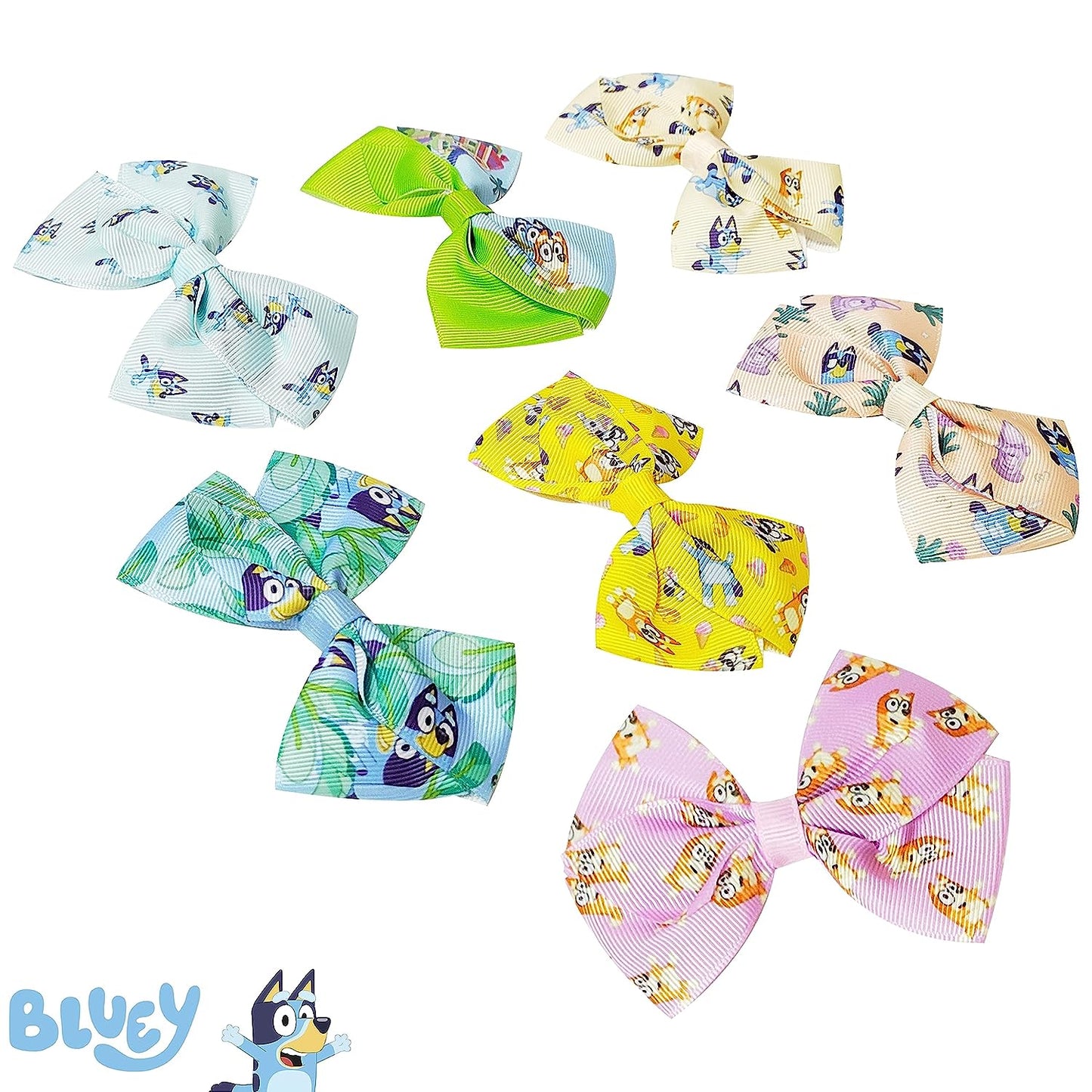 Bluey Kids Hair Bows - Hair Accessories Gift Set - Bluey Hair Bows - 7 Pcs 4 Inch Bow Bundle - Hair Bows for Girls - Different Bluey Print on Each Clip - Alligator Clip - Ages 3 +