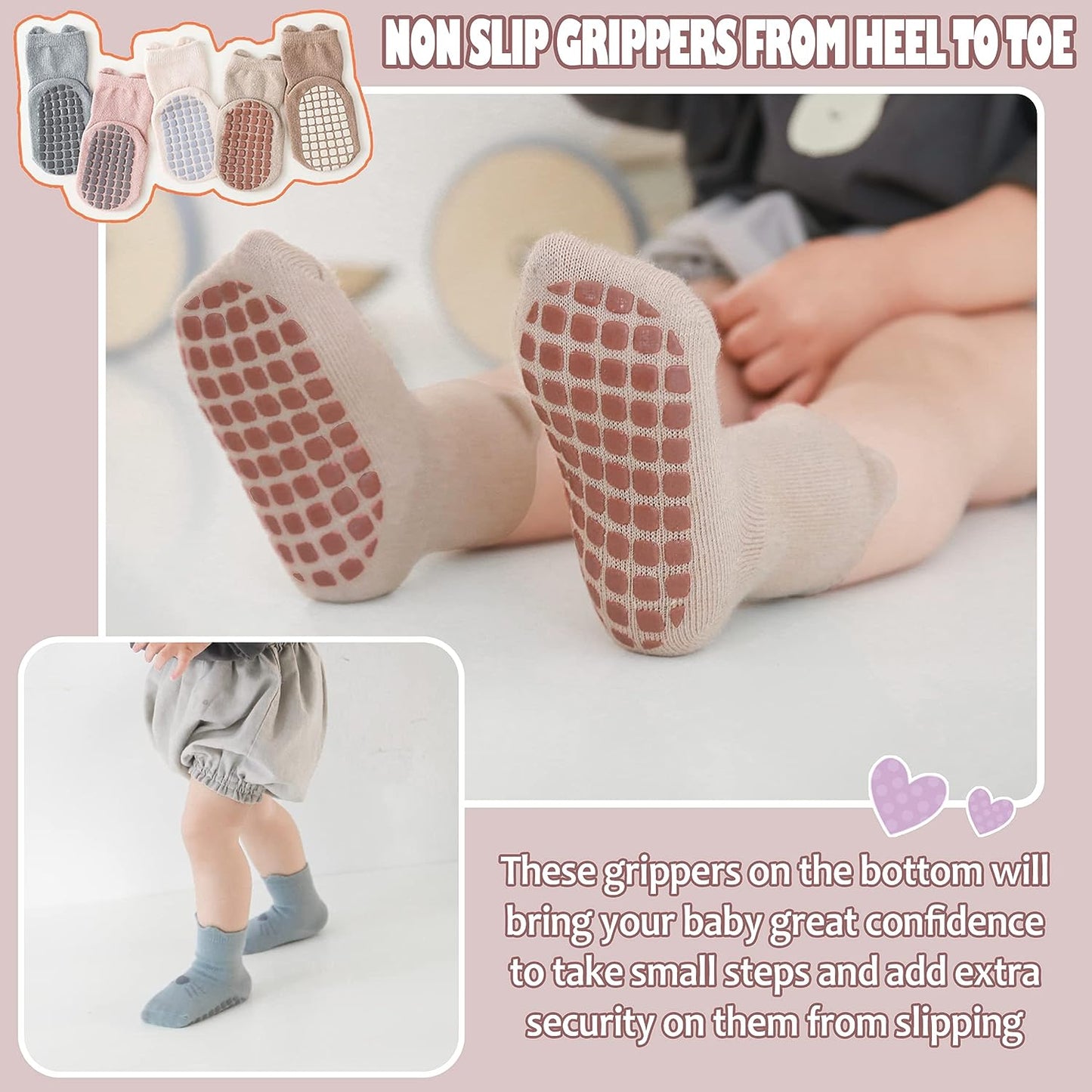 Toddlers Non Slip Socks with Grips Baby Girls Boys anti Skid Crew Cotton Gift Socks for Infants Kids