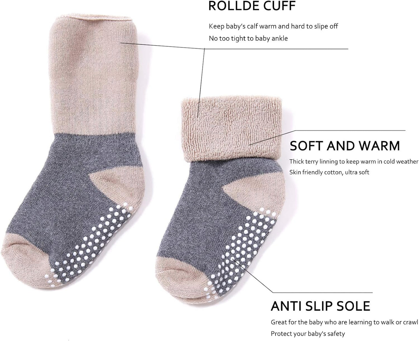 Baby Toddler Kids Ankle Crew Socks with Grips Unisex Warm Thick Cotton Winter Socks 0-10T 6/8 Pack