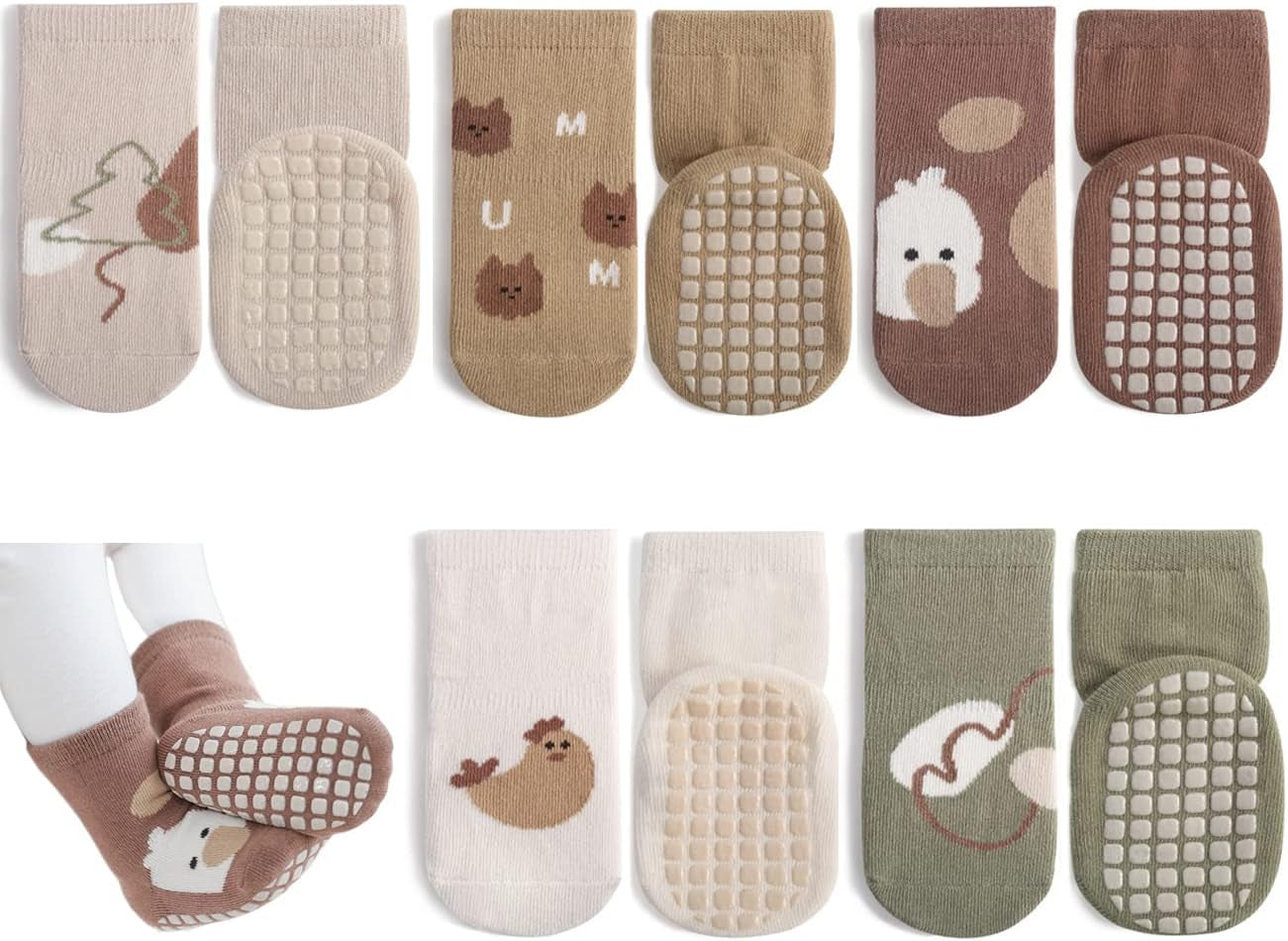 Toddler Non Slip Socks, Cute Baby Socks with Grips Crew Socks 5 Pairs