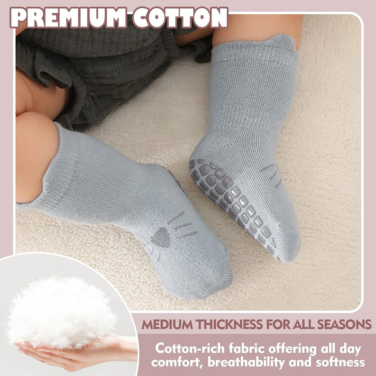 Toddlers Non Slip Socks with Grips Baby Girls Boys anti Skid Crew Cotton Gift Socks for Infants Kids