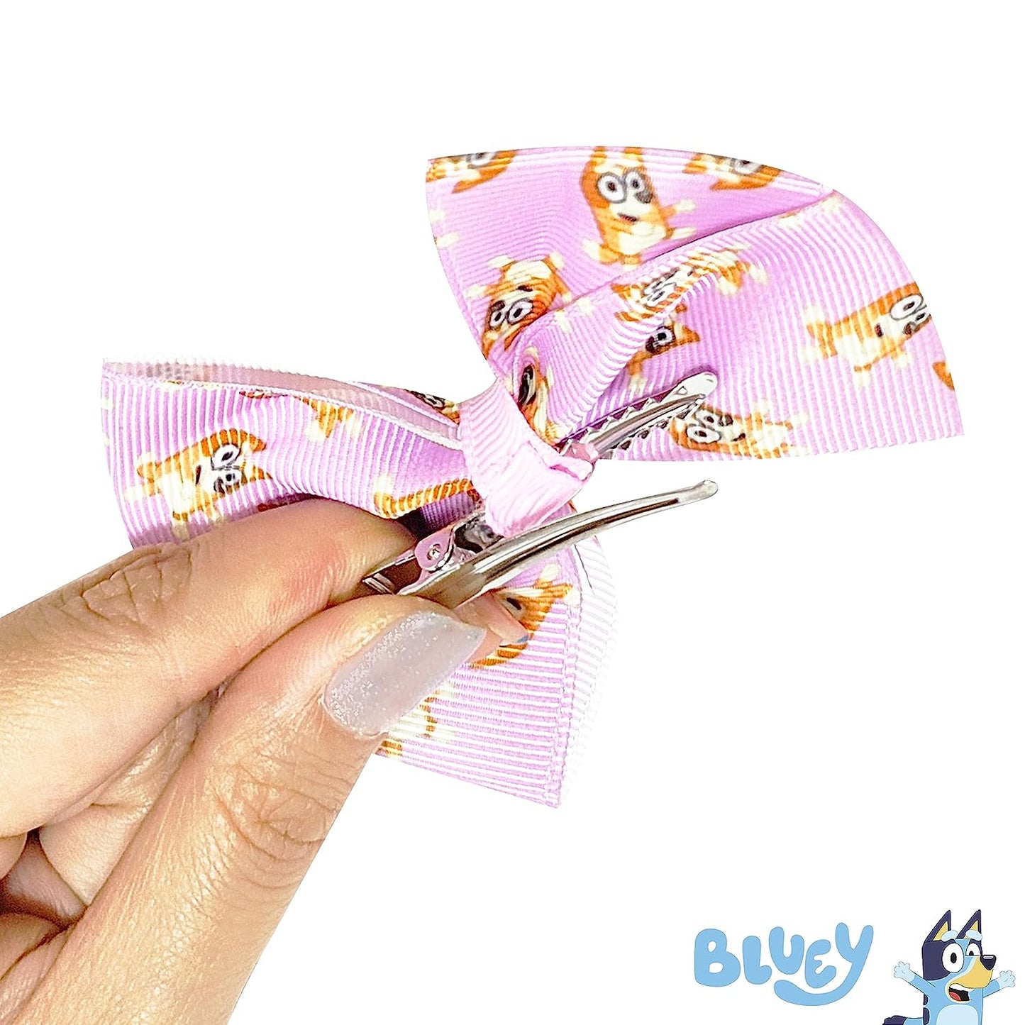 Bluey Kids Hair Bows - Hair Accessories Gift Set - Bluey Hair Bows - 7 Pcs 4 Inch Bow Bundle - Hair Bows for Girls - Different Bluey Print on Each Clip - Alligator Clip - Ages 3 +
