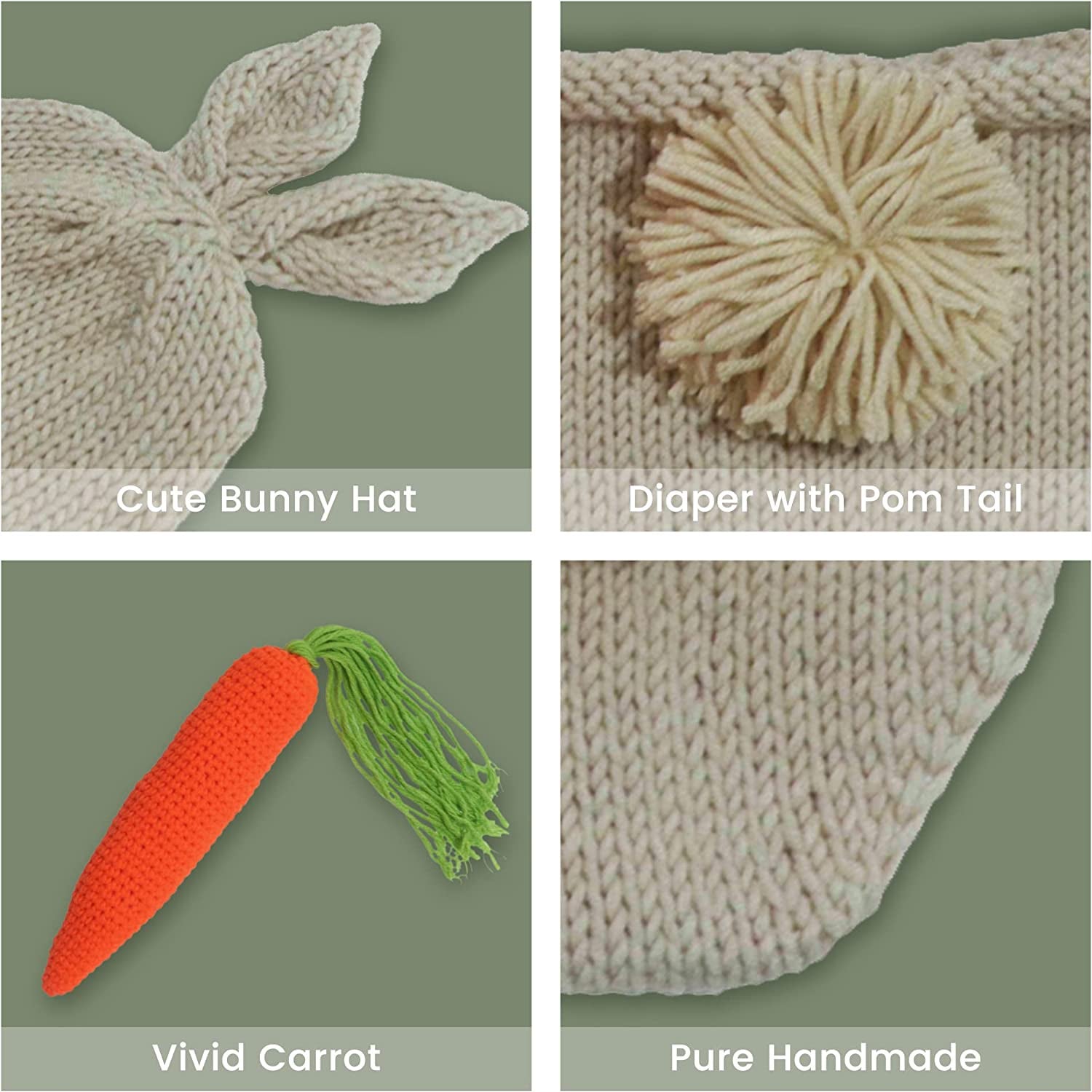 Newborn Photography Props Rabbit Outfit Baby Photoshoot Props Outfits Bunny Crochet Costume Baby Photo Prop Rabbit Hat Diaper Carrot Set 0-6 Months Baby Bunny Photo Prop for Easter Gift(Rabbit Outfit)