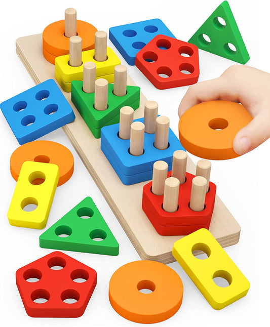 Montessori Toys for 1 to 3-Year-Old Boys Girls Toddlers, Wooden Sorting & Stacking Toys for Kids Preschool, Educational Toys, Color Recognition Stacker Shape Sorter, Learning Puzzles Gift