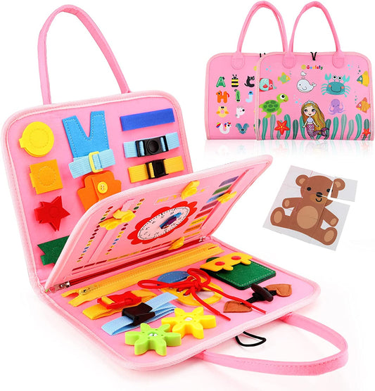 Busy Board Montessori Toy for 1 2 3 4 Year Old Toddlers - Educational Activity Developing Sensory Board for Basic Dress Fine Motor Skills - Travel Toys for Plane Car, Gift for Boys Girls