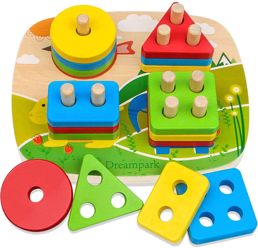 Educational Toddler Toys for Boys Girls Age 1 2 3 4 and Up, Wooden Shape Color Recognition Preschool Stack and Sort Geometric Board Blocks for Kids Children, Non-Toxic