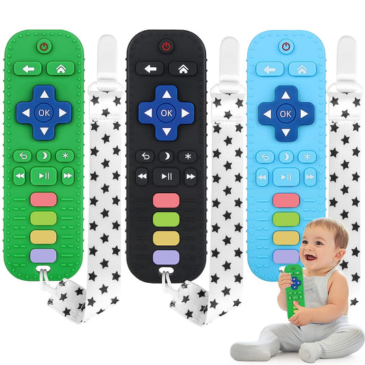 3 Pack Silicone Teething Toys for Infant Toddlers Remote Control Shape Teethers for Babies Chew Toys, Relief Soothe Babies Gums Set, BPA Free Freezable Dishwasher and Refrigerator Safe