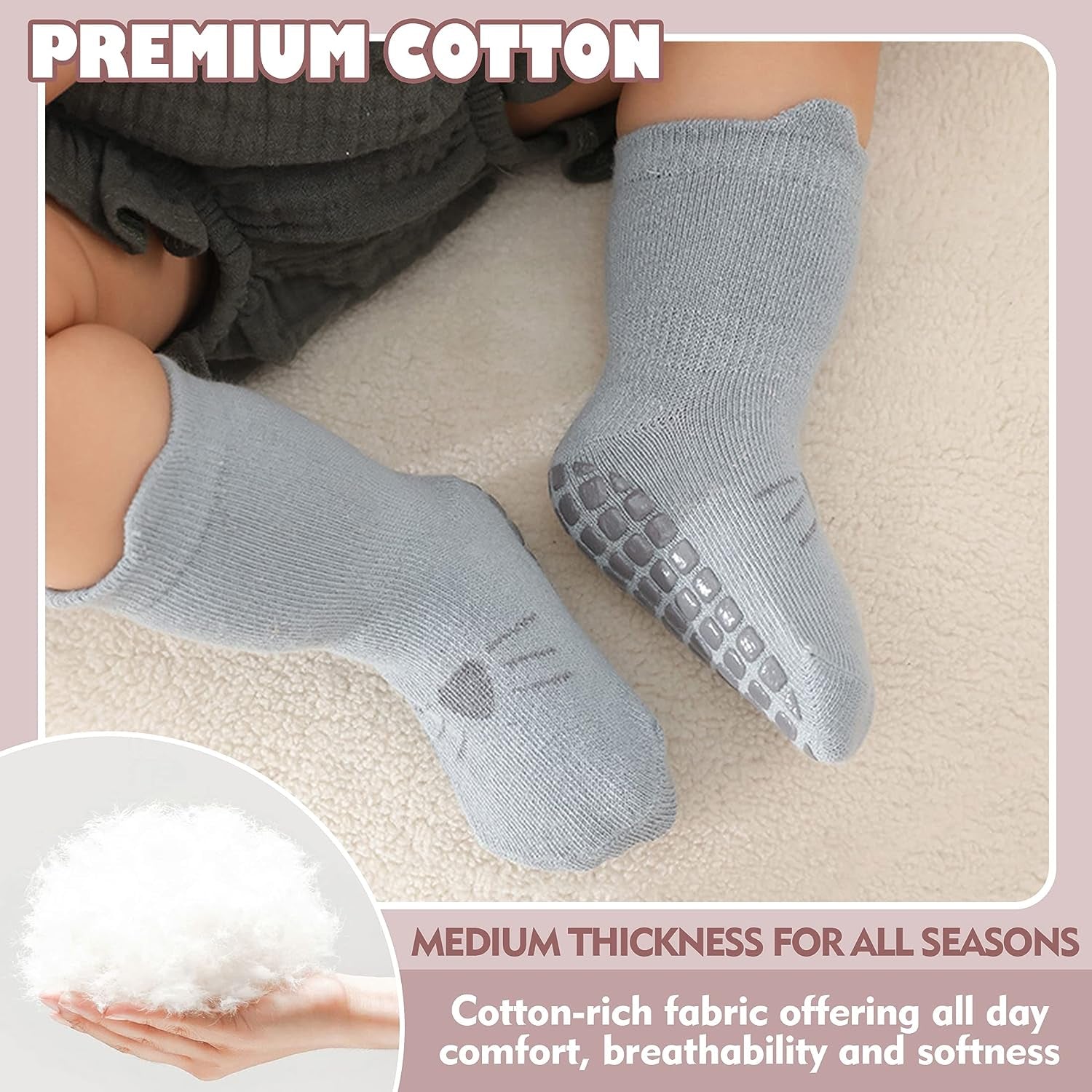 Toddlers Non Slip Socks with Grips Baby Girls Boys anti Skid Crew Cotton Gift Socks for Infants Kids