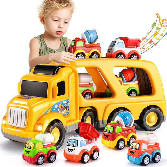 Construction Truck Toys for 3 4 5 6 Year Old Boys, 5-In-1 Friction Power Toy for Kids 3-5, Carrier Truck Cars for Toddlers 3+, Kids Toys Set for Age 3-9, Christmas for 3+